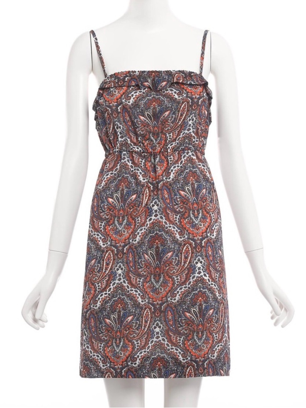 J.Crew Candace Paisley Ruffle Trim Mini Dress Blue Orange, Size Large